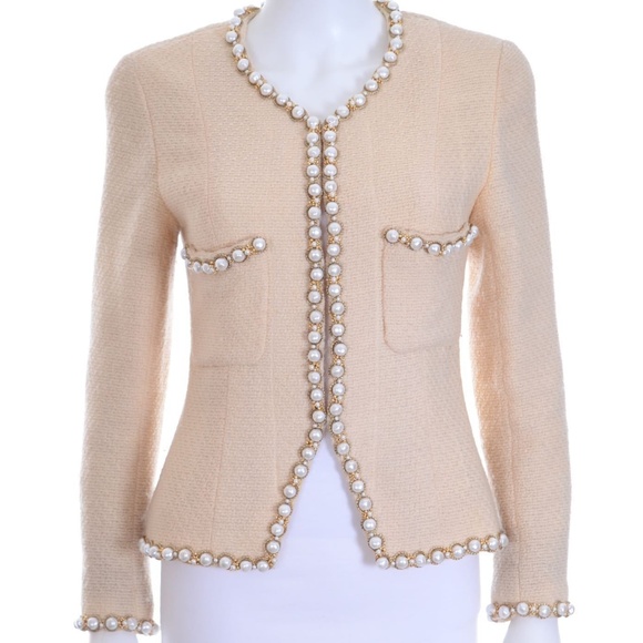 CHANEL Jackets & Blazers - CHANEL ICONIC Ivory Pearl Trim Tweed Lesage Jacket